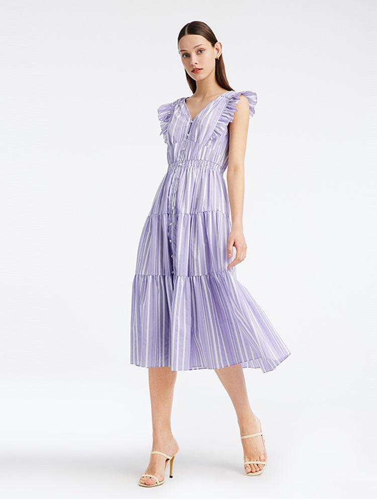 Stripe Pleated Fly Sleeve Dress GOELIA