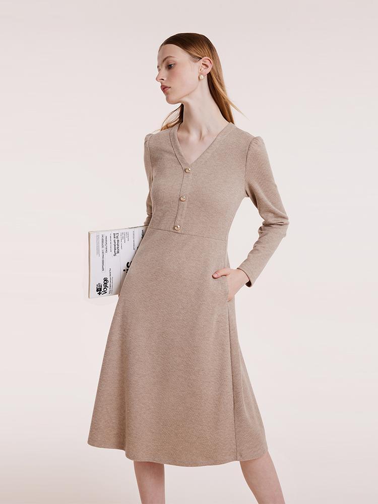 Beige Knit V-Neck Dress GOELIA