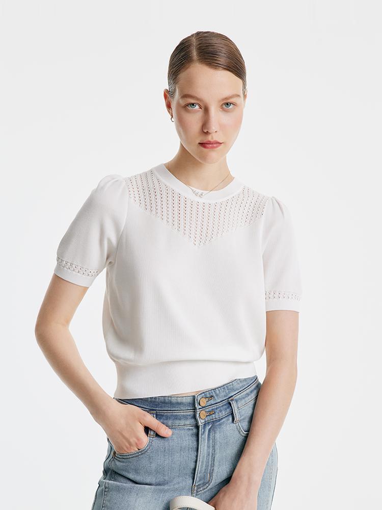 White Round Neck Knit Top GOELIA