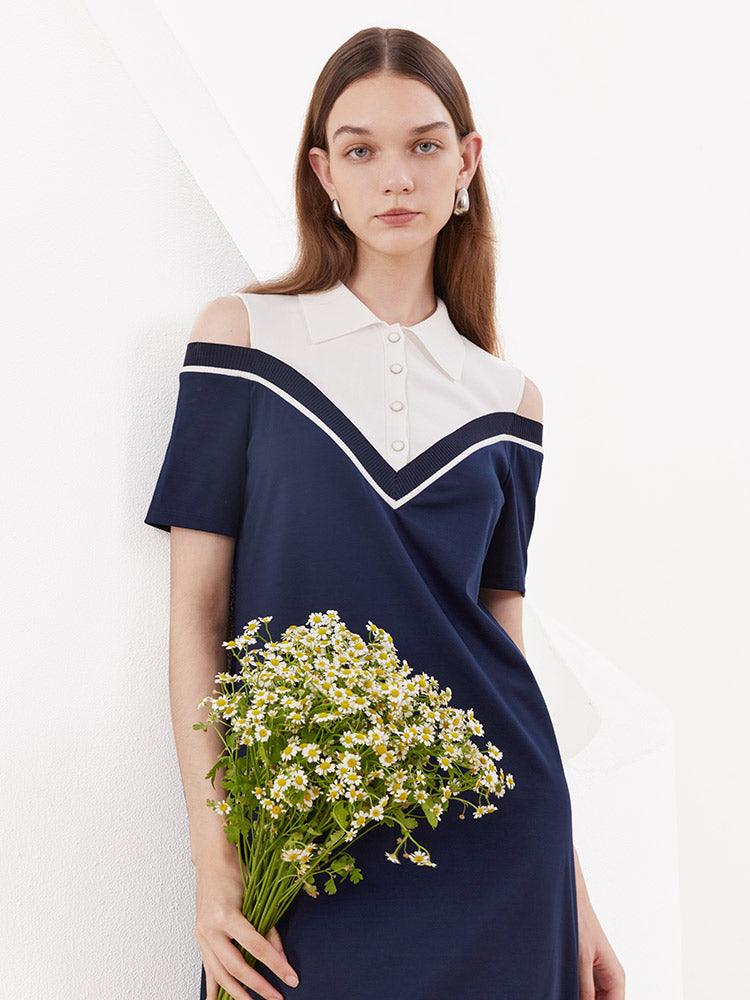 Blue&White Color Block Off-shoulder Dress GOELIA