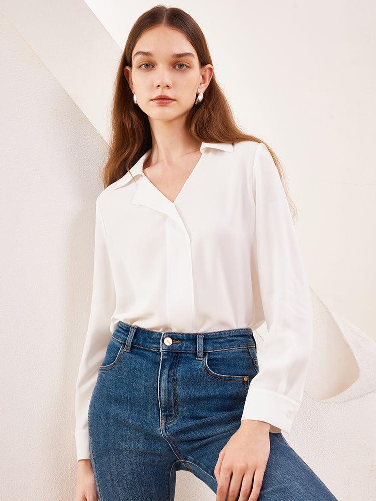 White Asymmetric Collar Woven Blouse GOELIA