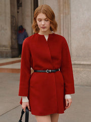 Chili Red Woolen Coat with Belt GOELIA