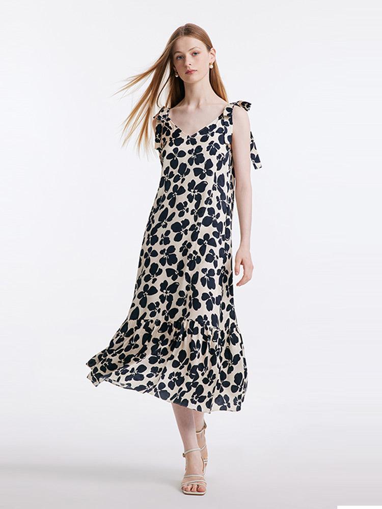 Black Floral Tie-Strap Dress GOELIA