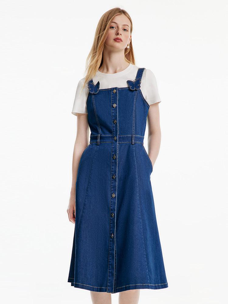 Denim Pinafore Dress With Bow Tie GOELIA