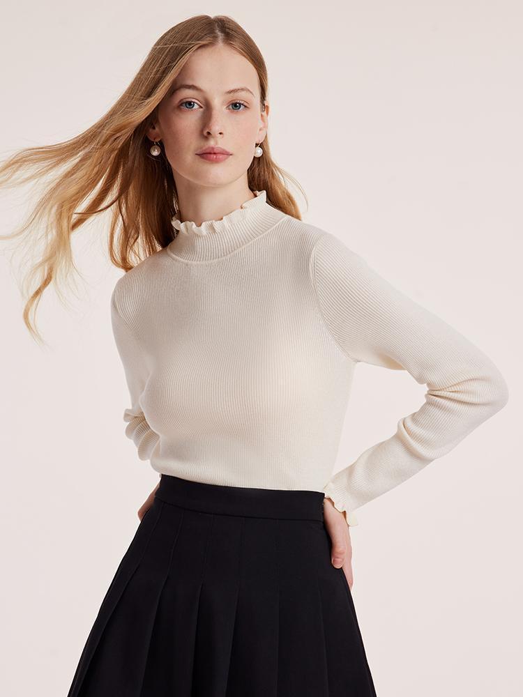 Machine Washable Wool Ruffle Turtleneck Sweater GOELIA