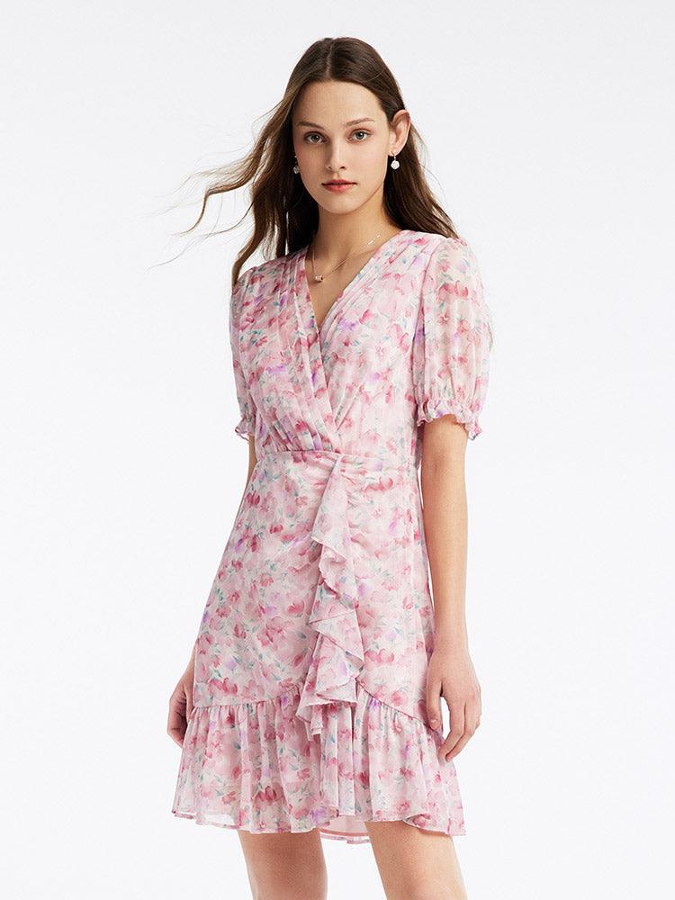 Pink Floral Short Sleeve Dress GOELIA