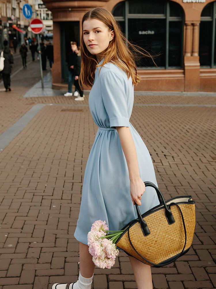 Blue V-neck Lapel Dress With Belt GOELIA