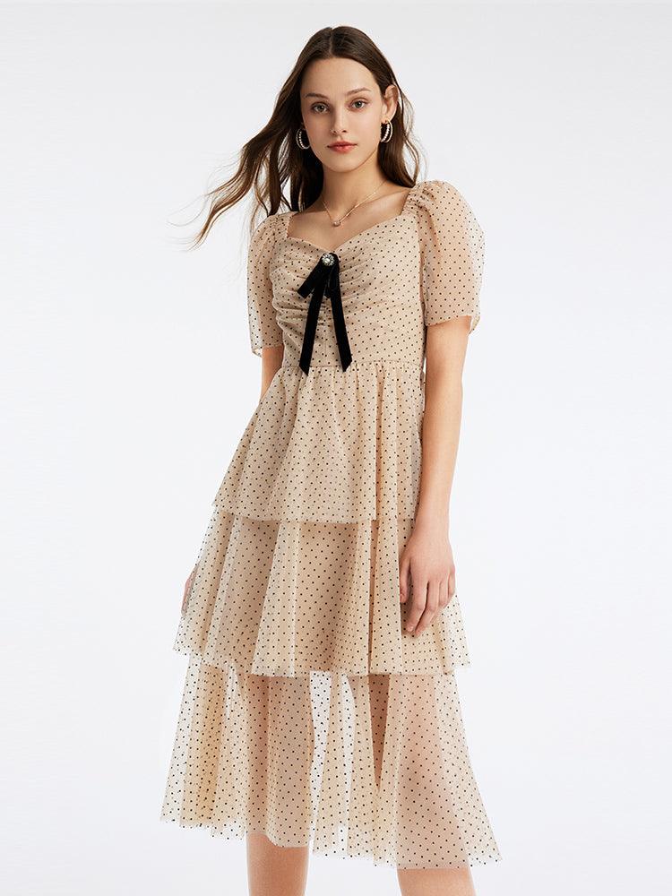 Polka Dot Mesh Square Neck Dress GOELIA