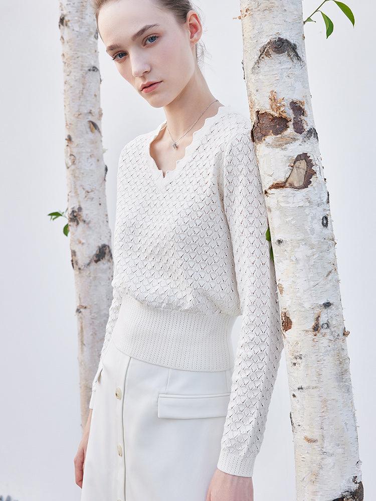 White Jacquard V-neck Combed Cotton Sweater GOELIA