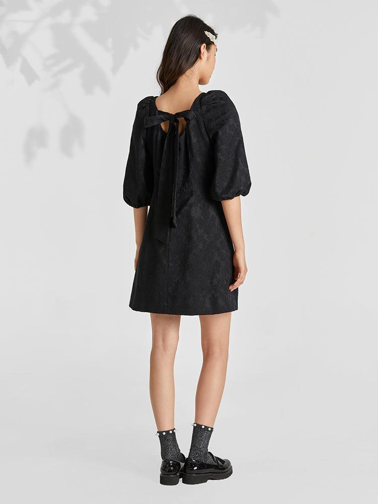 Black Jacquard V-neck Bow Dress GOELIA