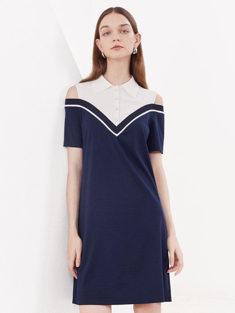 Blue&White Color Block Off-shoulder Dress GOELIA