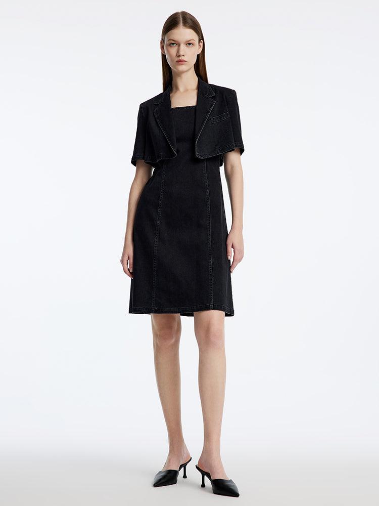 Black Denim Slim Two-Piece Suit Mini Dress GOELIA