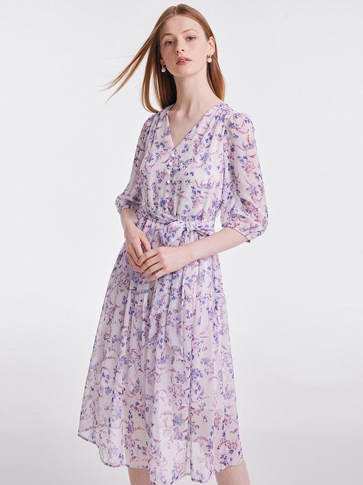 Purple Floral Belted Midi Dress GOELIA