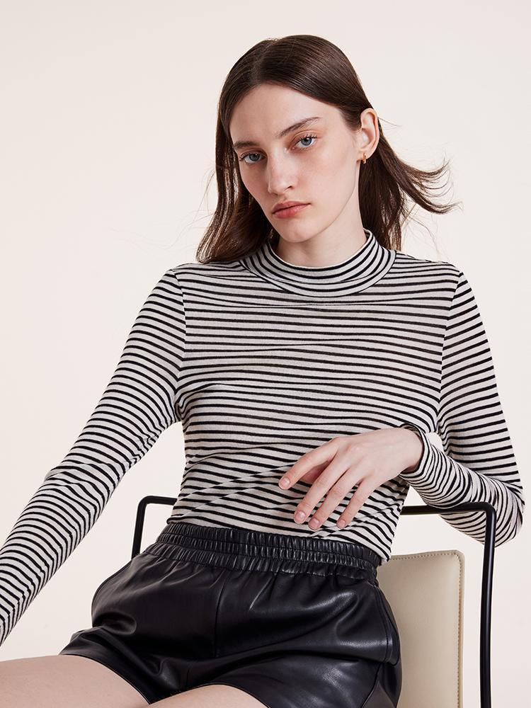 Washable Wool Striped Mock Neck Slim Sweater