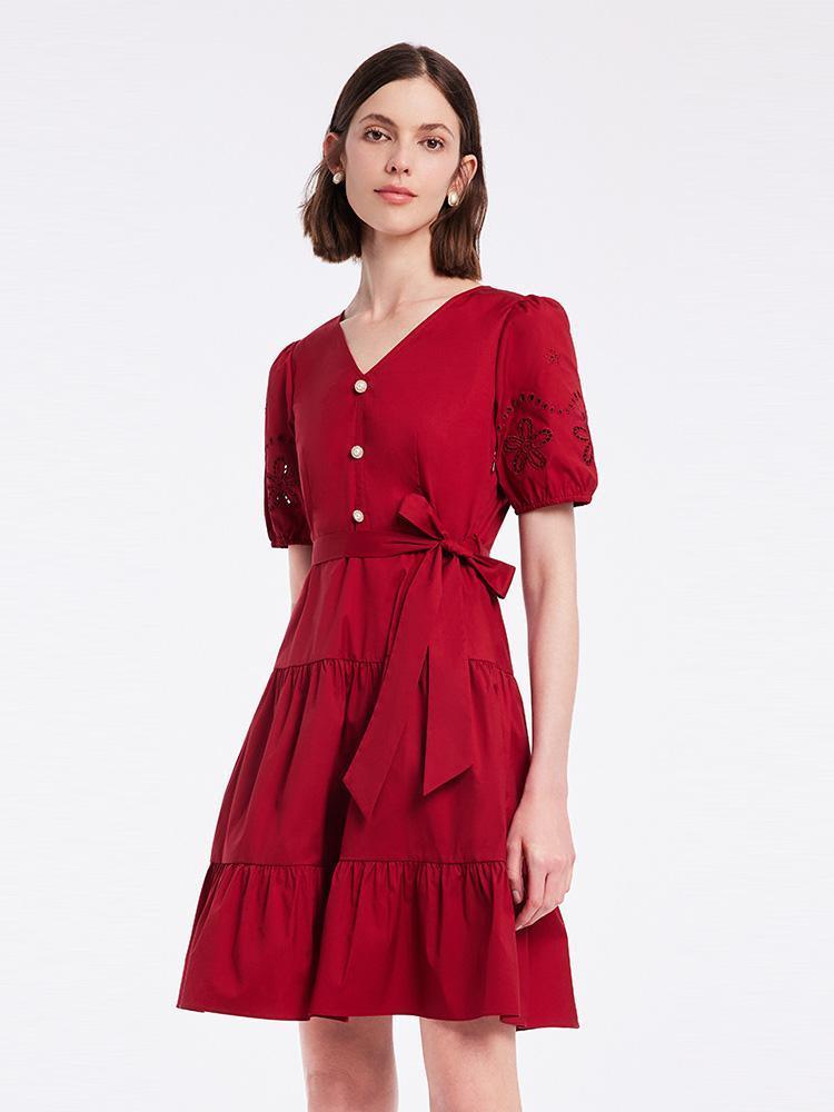 Chili Red Embroidered V-Neck Waist-Skimming Dress GOELIA