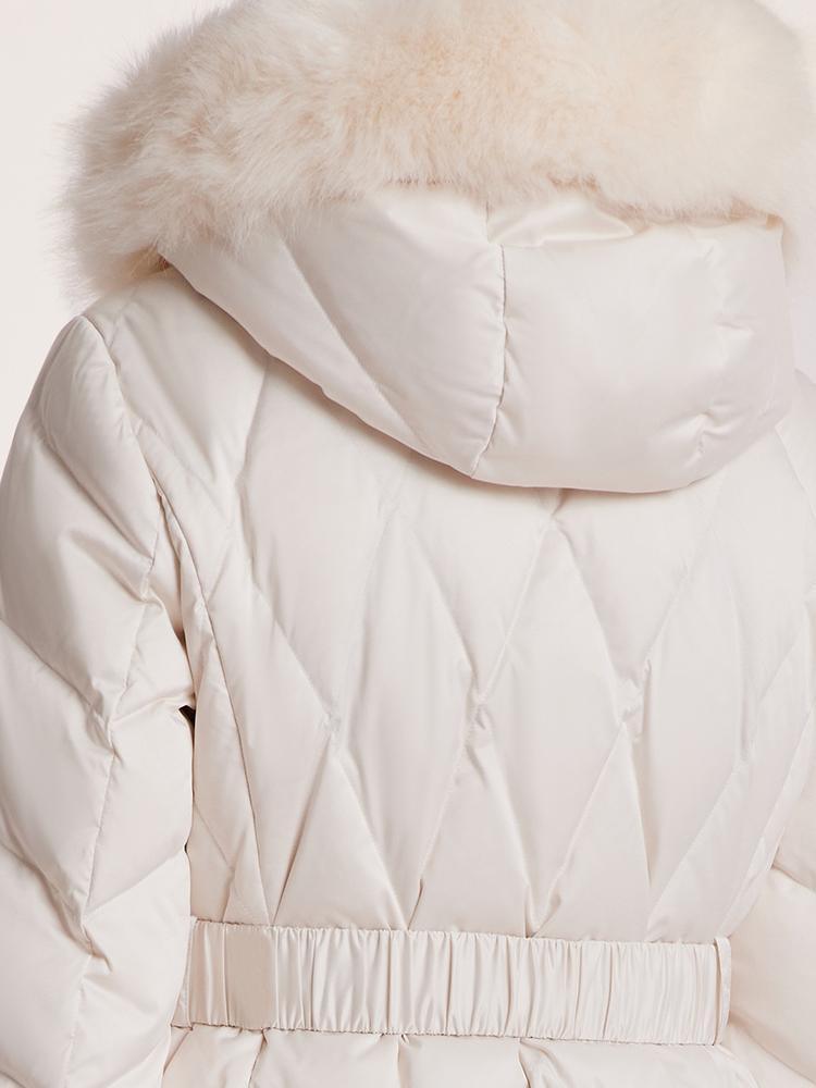 White Gathered Waist Long Goose Down Garment With Faux-Fur Collar GOELIA