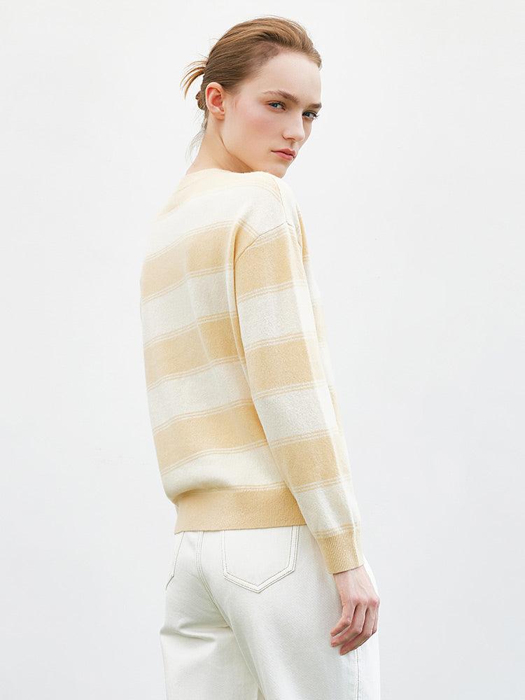 Cream Yellow&White Stripe Woolen Sweater GOELIA