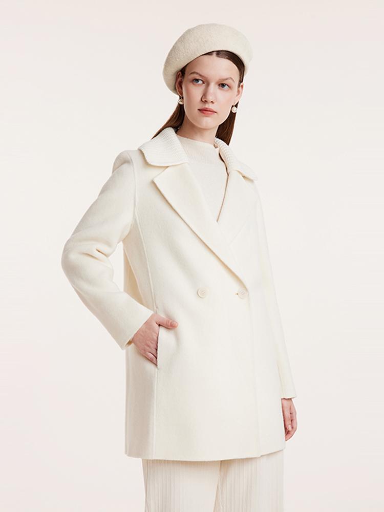 White Mid-Length Double-Faced Wool Coat With Detachable Collar GOELIA