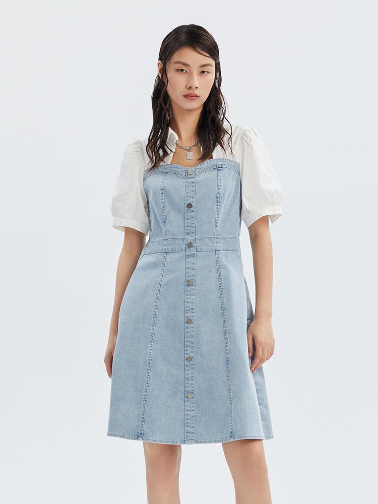 Black&White Color Block Hole Denim Dress GOELIA