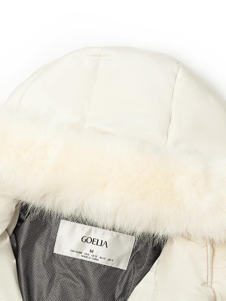 White Gathered Waist Long Goose Down Garment With Faux-Fur Collar GOELIA