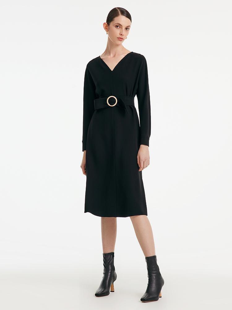 Acetate V-neck Long-sleeved Dress With Belt GOELIA