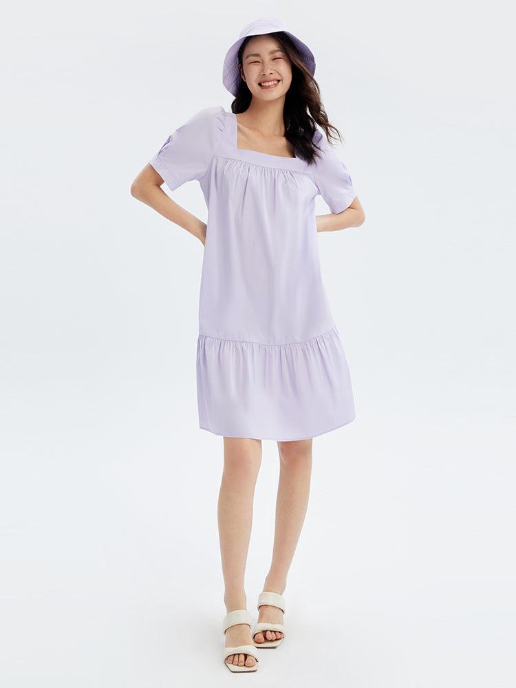 Purple Square Neck Cotton Dress With Hat GOELIA