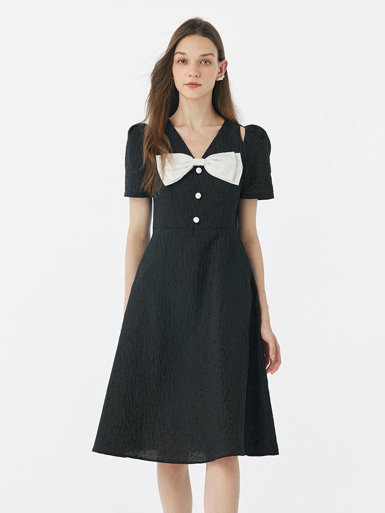 Black Detachable Bowknot Jacquard High Waist Dress GOELIA