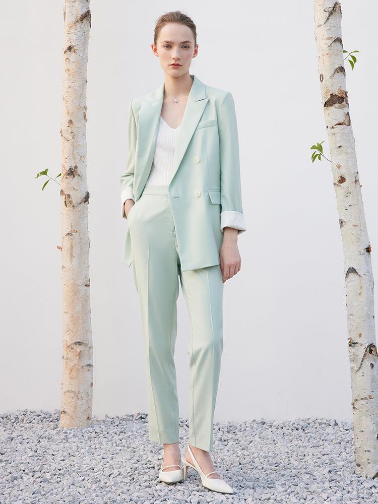 Mint Green Worsted Woolen Straight Blazer GOELIA