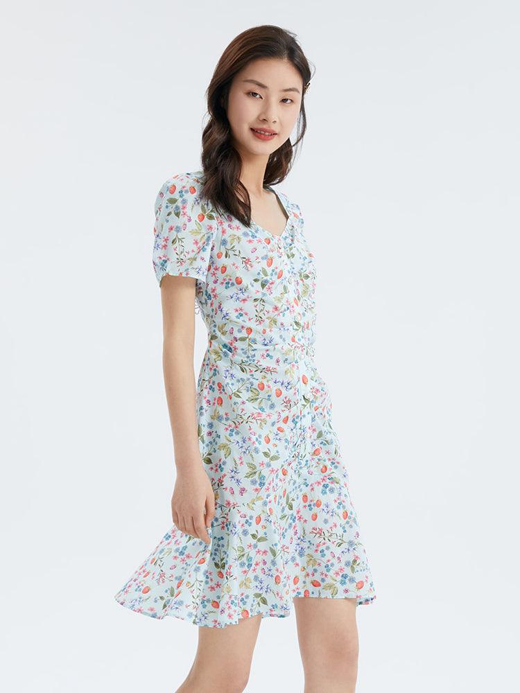 Drawstring Cotton Strawberry Print Dress GOELIA