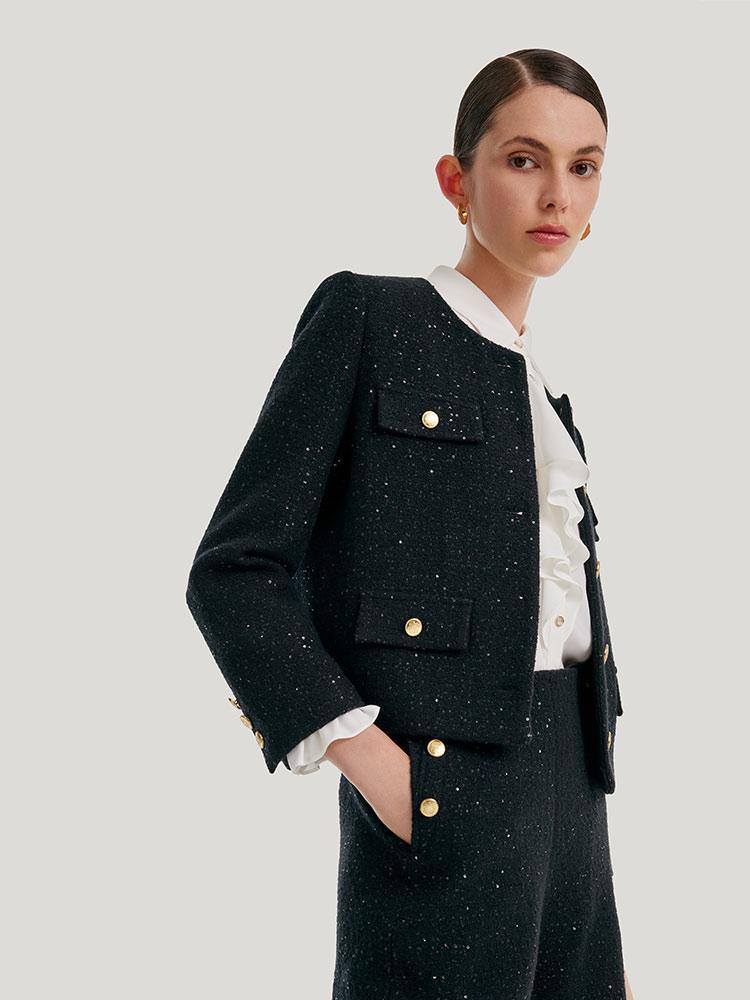 Elegant Black Tweed Cropped Jacket GOELIA