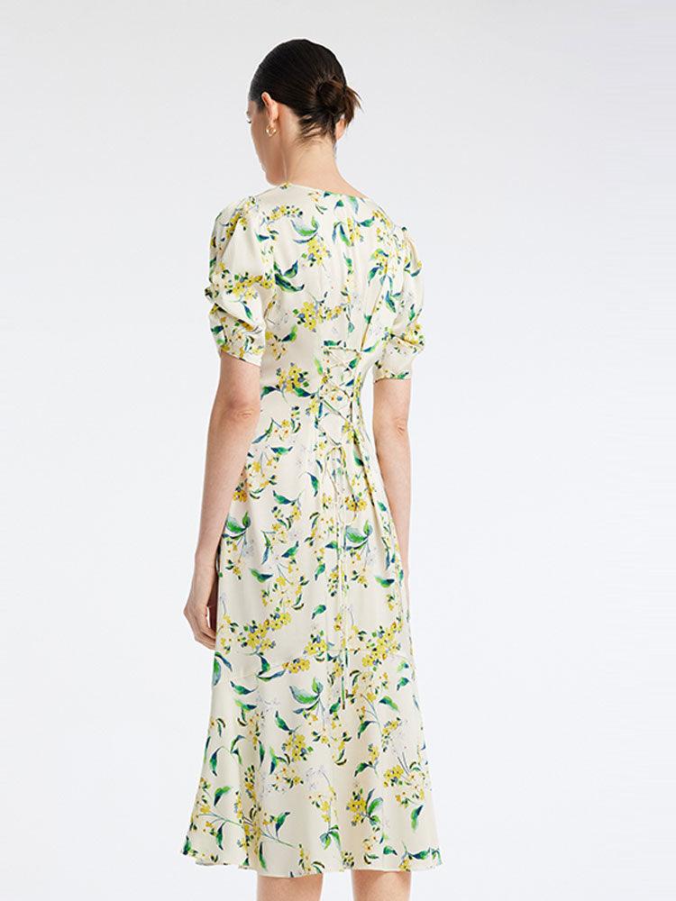 Silk Floral V-neck Waist-Skimming Dress GOELIA