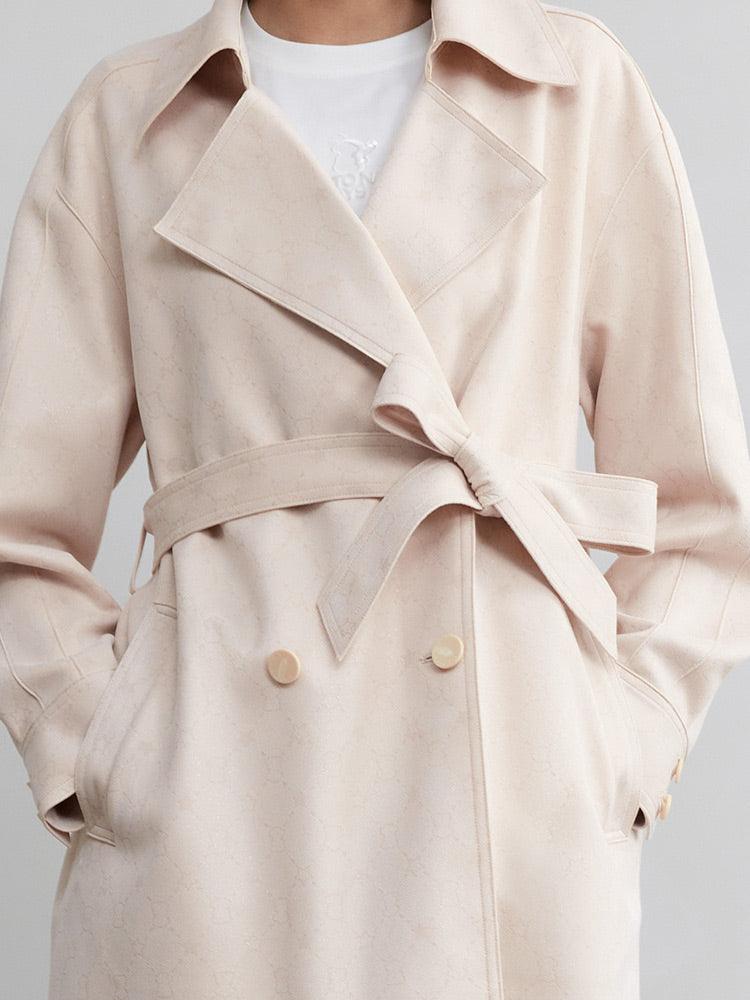 Pink Beige Pattern Print Trench Coat GOELIA