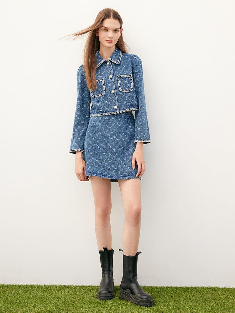 Blue Tweed Jacquard Denim Suit Jacket&Skirt GOELIA