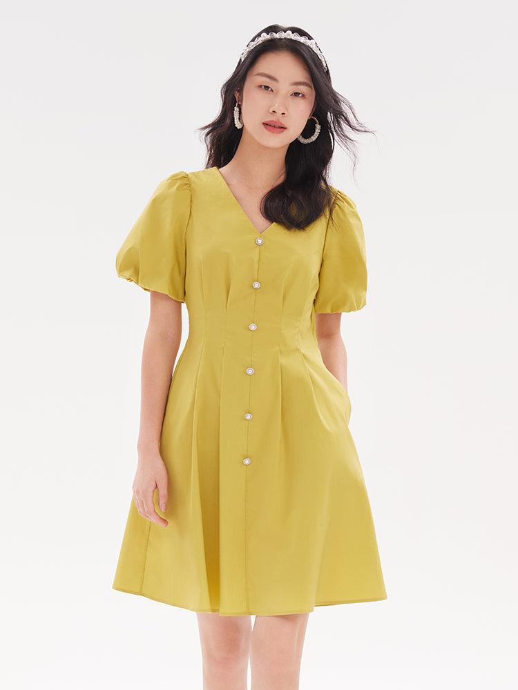 Fitted Waist & V-Neck Cotton Dress GOELIA