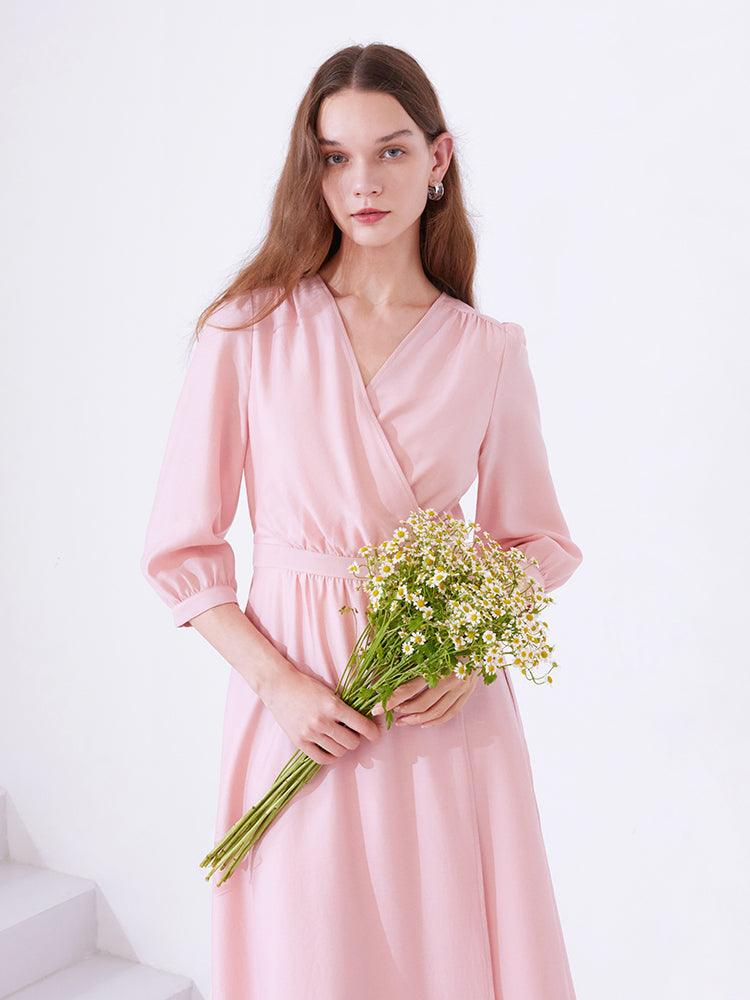 Pink V-neck Flowy Wrap Dress GOELIA