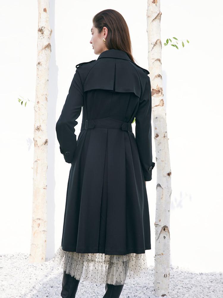 Black Worsted Wool Adjusted Slim Trench Coat GOELIA