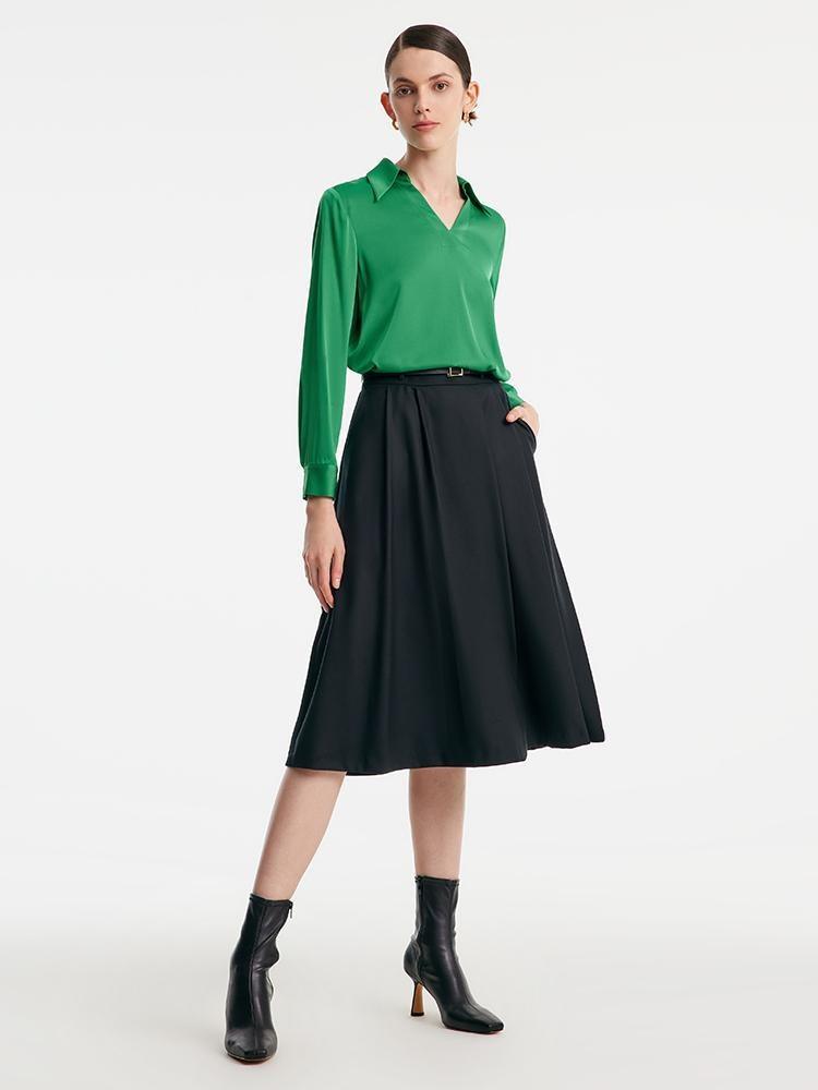 Worsted Wool A-shaped Half Skirt With Leather Belt GOELIA