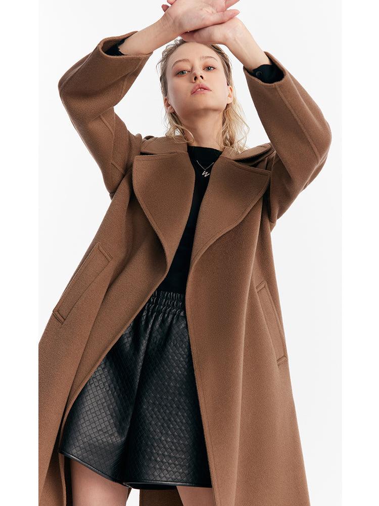 Coffee Brown Wrapped Woolen Coat GOELIA