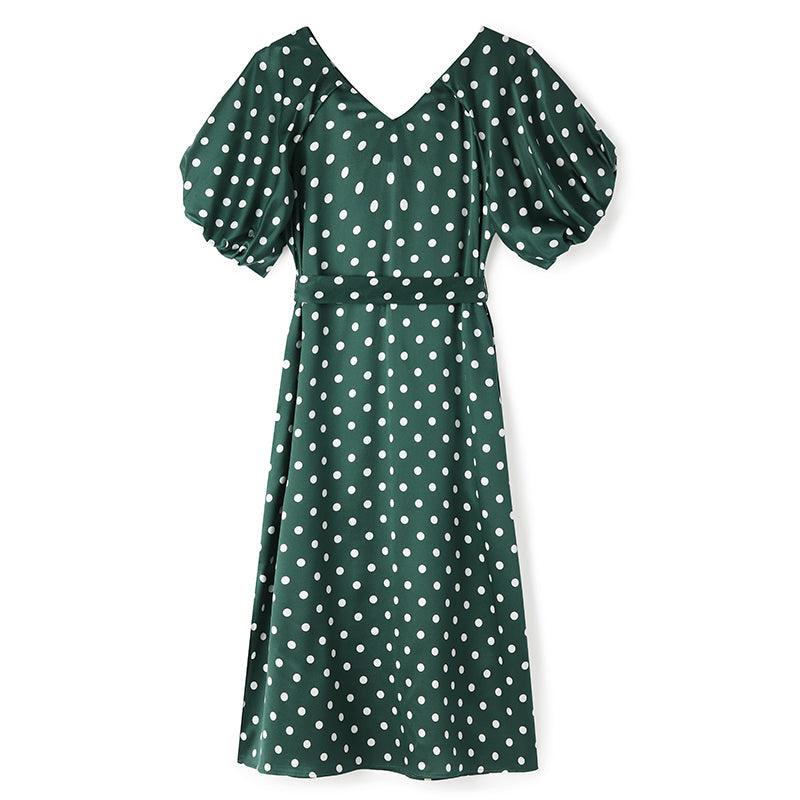 19 MM Pure Silk Polka Dots Mid-Calf Dress GOELIA