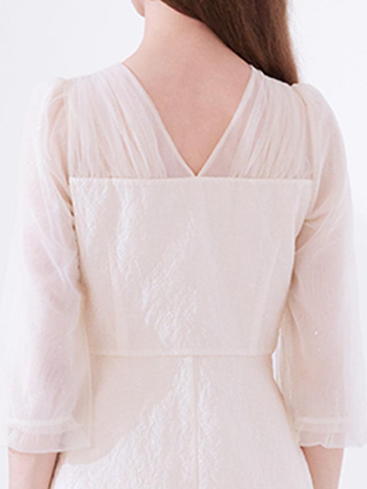 White Mesh Half-Sleeve V-neck Jacquard Dress GOELIA