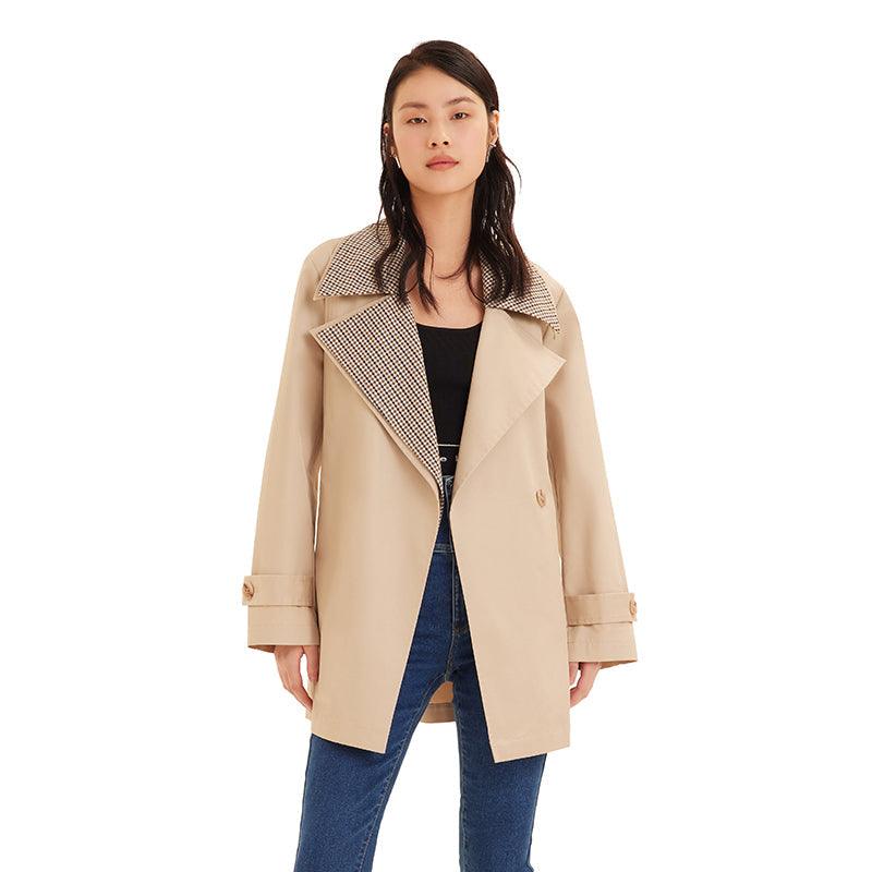 Beige Removable Double Plaid Collar Tench Coat GOELIA