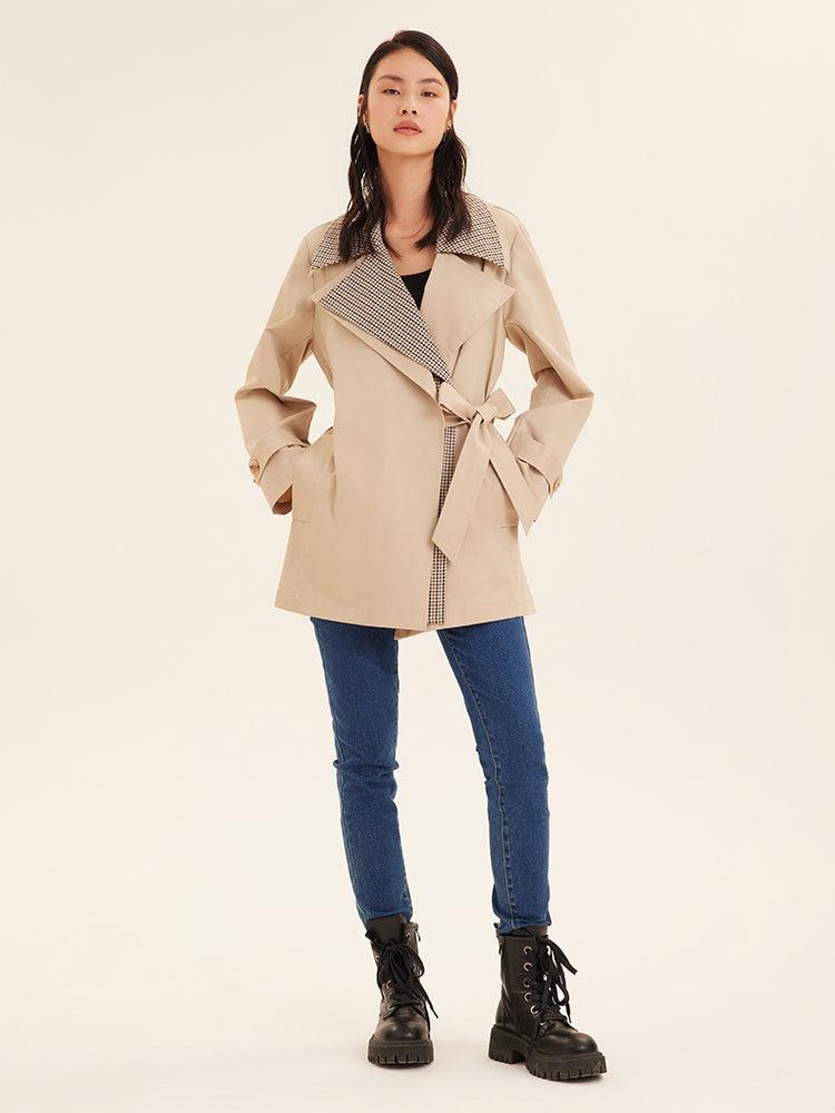 Beige Removable Double Plaid Collar Tench Coat GOELIA