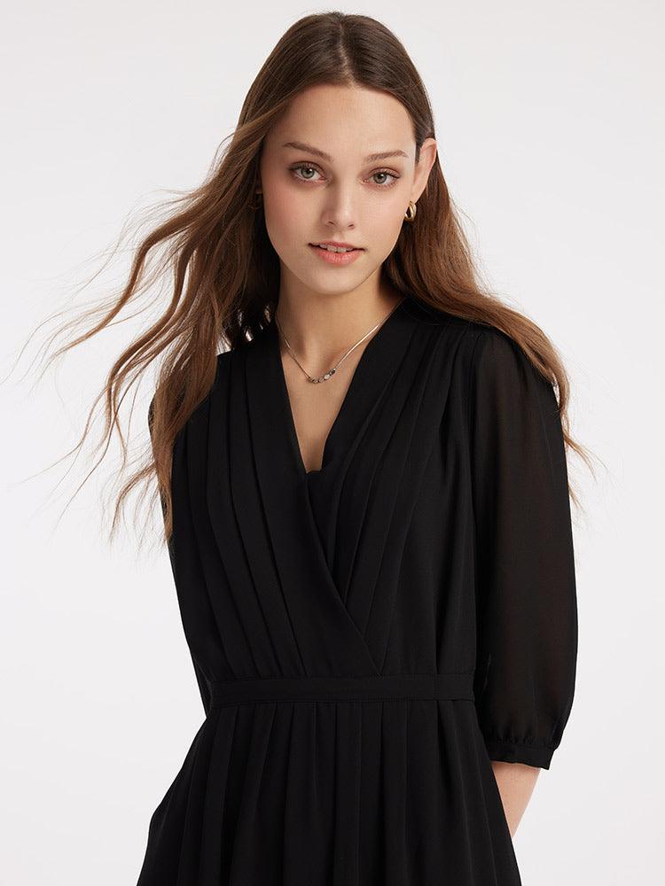 V-Neck Pleated Lace Up Wrap Dress GOELIA