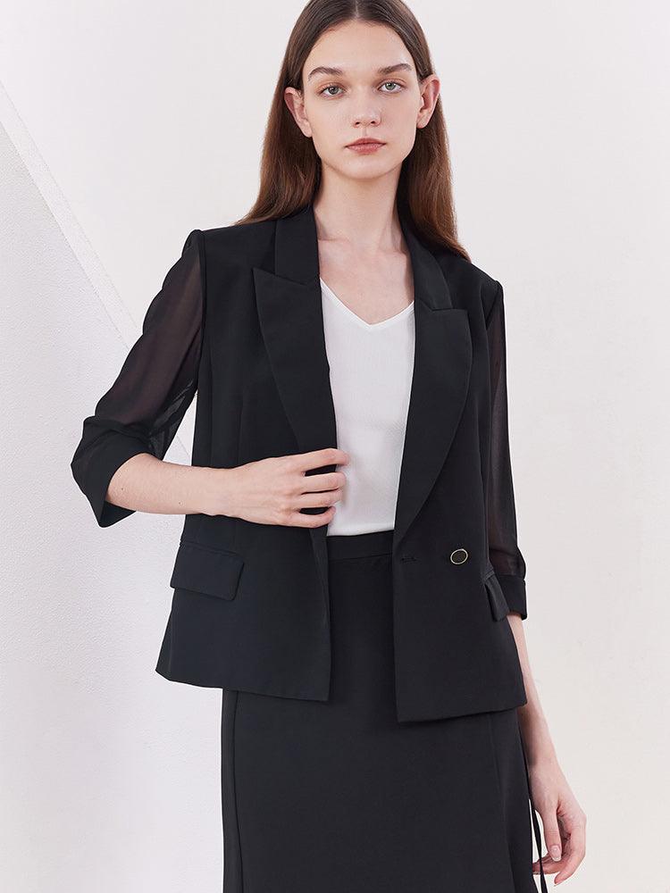 Black Slim Patchwork Sleeve Blazer GOELIA