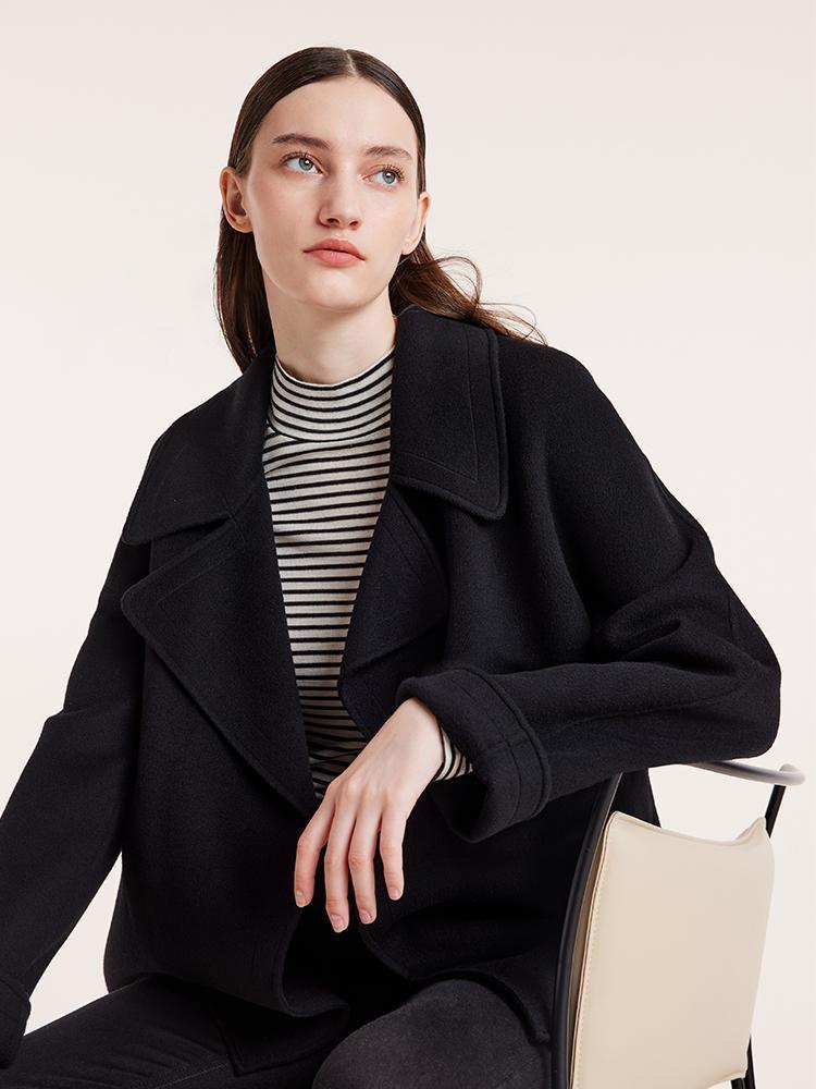 Tencel Wool Lapel Double-Faced Short Coat With Belt GOELIA