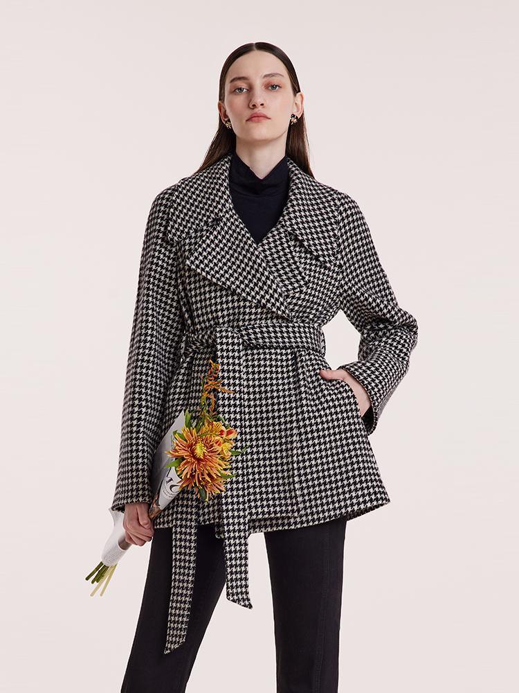 Washable Wool Houndstooth Coat With Belt GOELIA