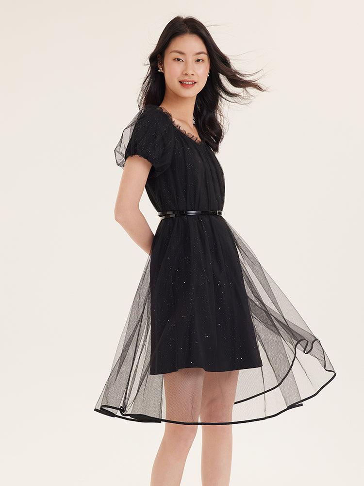 Mesh & Sequined A-Swing Dress GOELIA