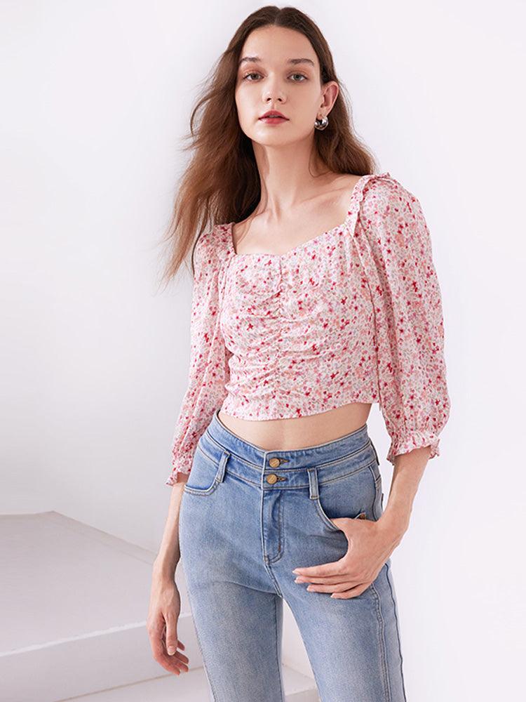 Pink Floral Puff Sleeve Top GOELIA