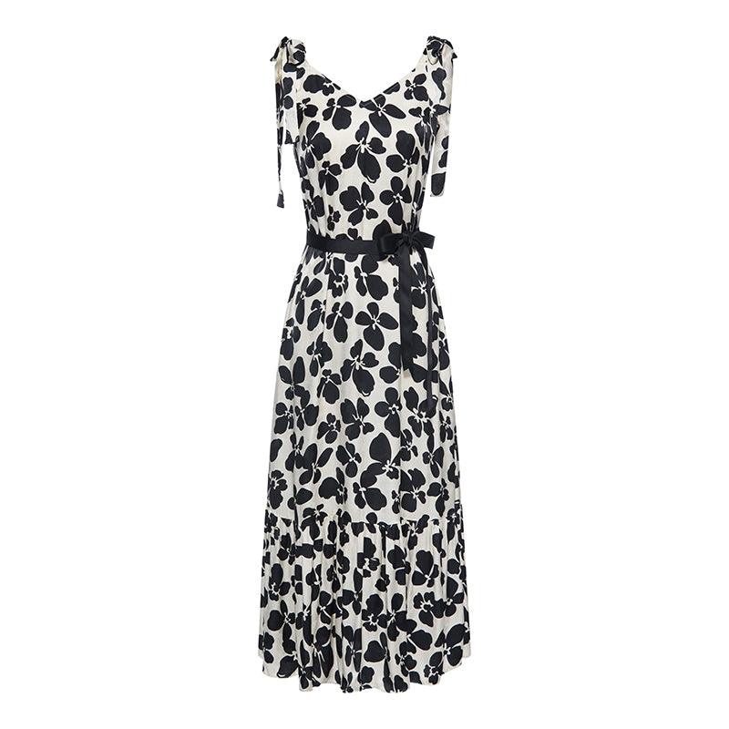 Black Floral Tie-Strap Dress GOELIA