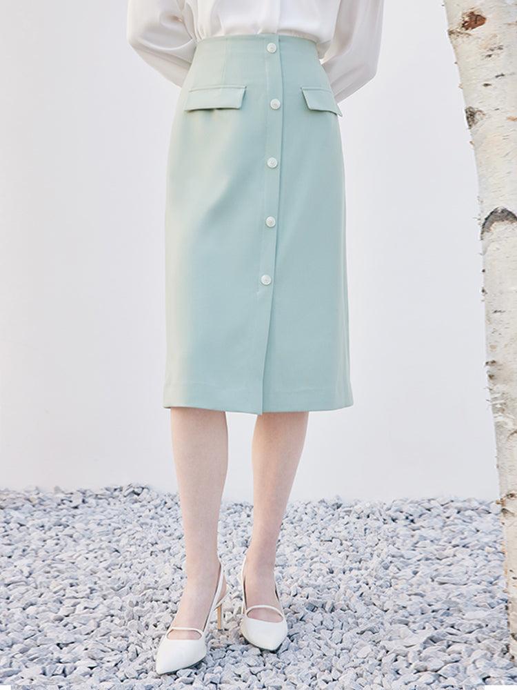 Mint Green Single-Breasted Slit Skirt GOELIA